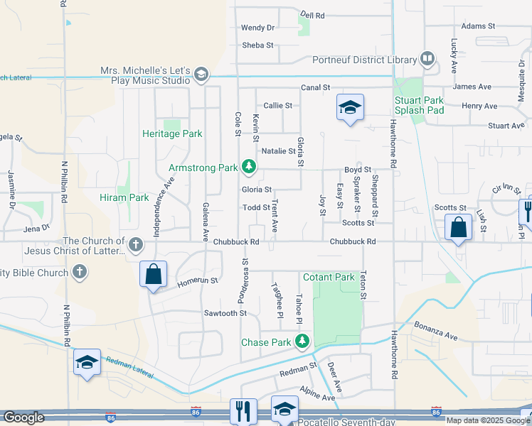 map of restaurants, bars, coffee shops, grocery stores, and more near 821 Todd Street in Pocatello