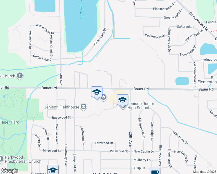 map of restaurants, bars, coffee shops, grocery stores, and more near 2107 Bauer Road in Georgetown Township
