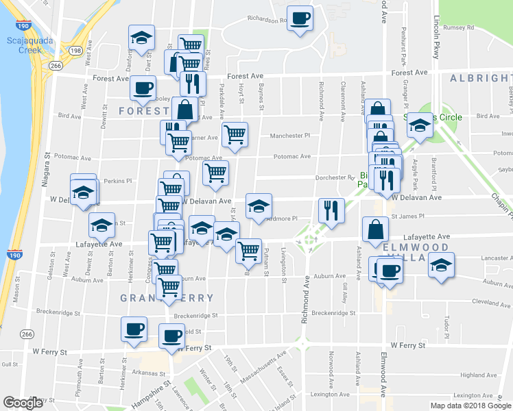 map of restaurants, bars, coffee shops, grocery stores, and more near 233 Baynes Street in Buffalo