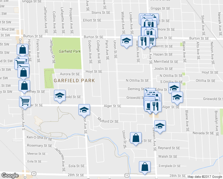 map of restaurants, bars, coffee shops, grocery stores, and more near 2300 Paris Avenue Southeast in Grand Rapids