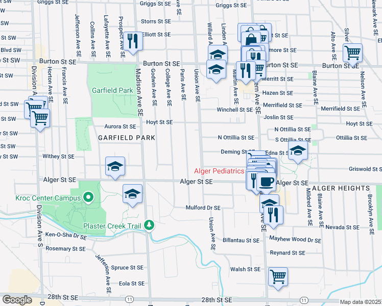 map of restaurants, bars, coffee shops, grocery stores, and more near 2300 Paris Avenue Southeast in Grand Rapids