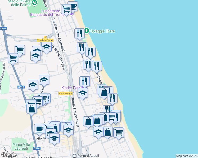 map of restaurants, bars, coffee shops, grocery stores, and more near 83 Viale Rinascimento in San Benedetto del Tronto