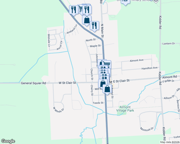 map of restaurants, bars, coffee shops, grocery stores, and more near 214 East Washington Street in Almont