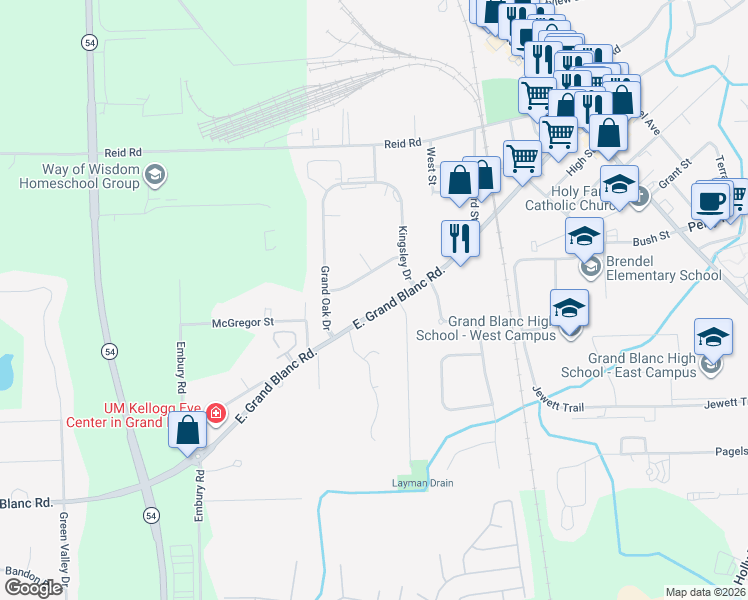 map of restaurants, bars, coffee shops, grocery stores, and more near 719 Huntington Road in Grand Blanc
