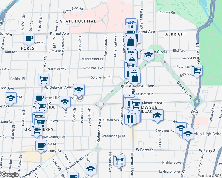 map of restaurants, bars, coffee shops, grocery stores, and more near 44 Bidwell Parkway in Buffalo