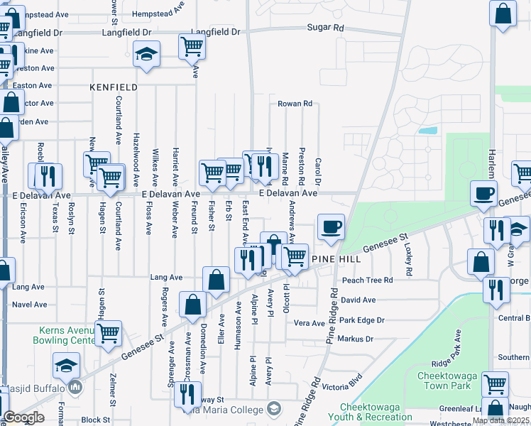 map of restaurants, bars, coffee shops, grocery stores, and more near 30 Atwood Place in Buffalo