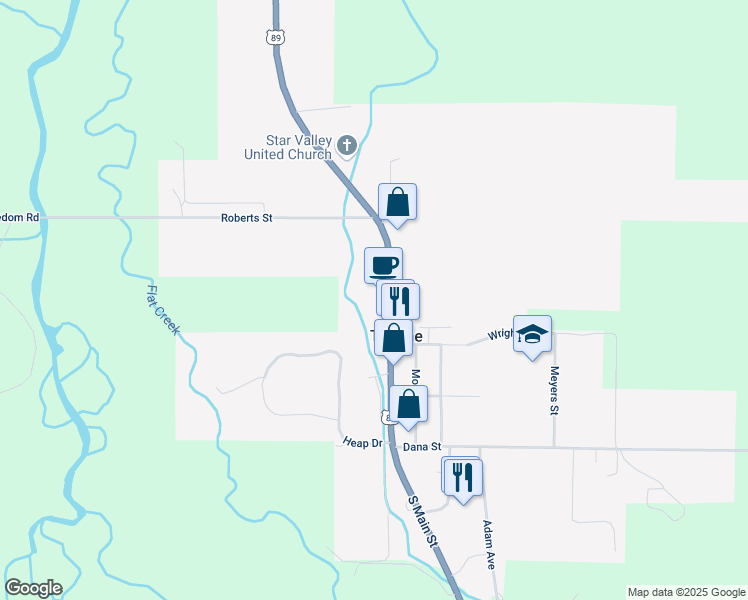 map of restaurants, bars, coffee shops, grocery stores, and more near 477 North Main Street in Thayne