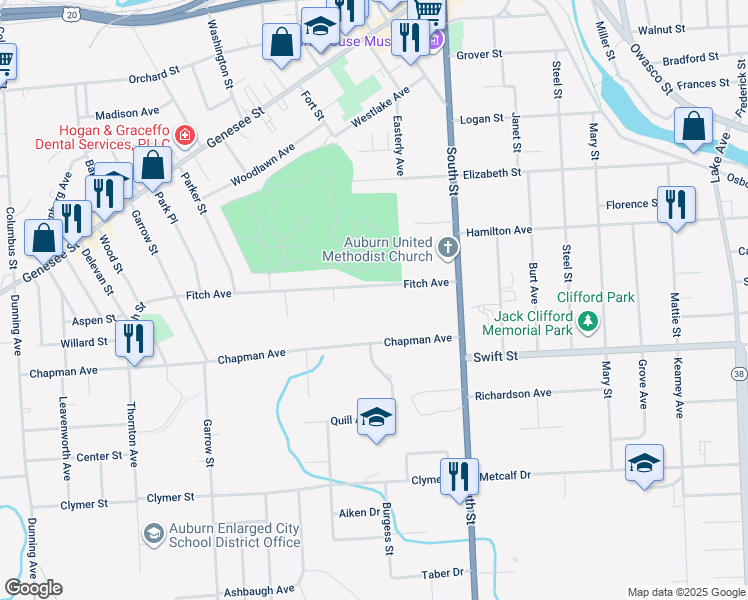 map of restaurants, bars, coffee shops, grocery stores, and more near 28 Fitch Avenue in Auburn