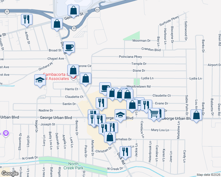 map of restaurants, bars, coffee shops, grocery stores, and more near 58 Meadowlawn Road in Buffalo