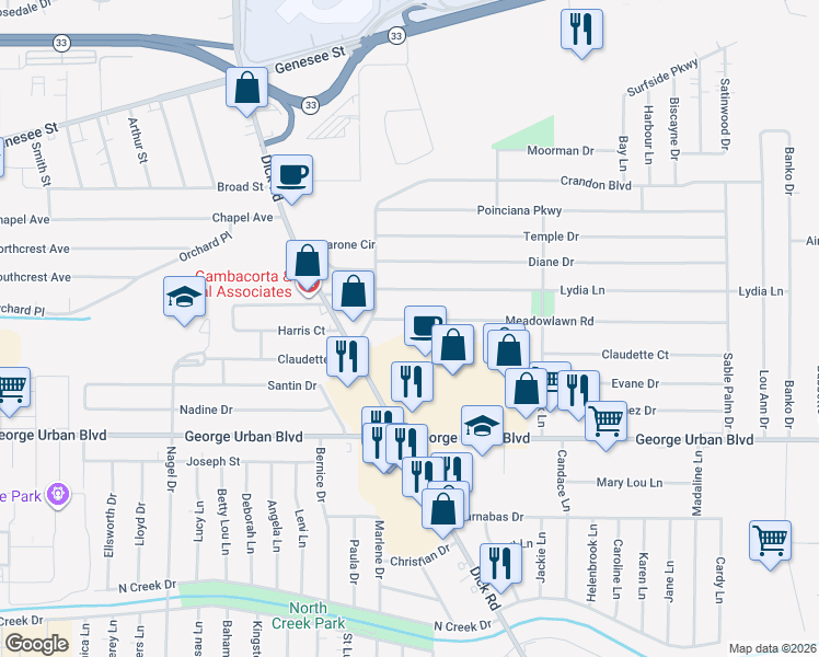 map of restaurants, bars, coffee shops, grocery stores, and more near 58 Meadowlawn Road in Buffalo