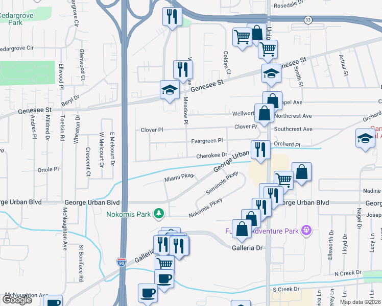 map of restaurants, bars, coffee shops, grocery stores, and more near 95 Evergreen Place in Buffalo