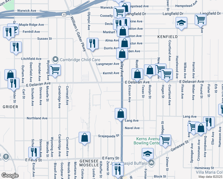 map of restaurants, bars, coffee shops, grocery stores, and more near 1145 East Delavan Avenue in Buffalo