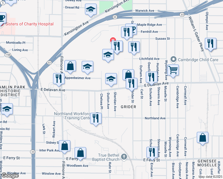 map of restaurants, bars, coffee shops, grocery stores, and more near 666 East Delavan Avenue in Buffalo