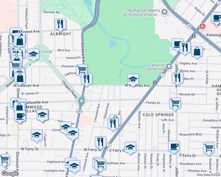 map of restaurants, bars, coffee shops, grocery stores, and more near 248 Oxford Avenue in Buffalo