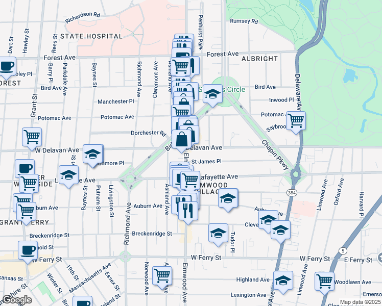 map of restaurants, bars, coffee shops, grocery stores, and more near 624 West Delavan Avenue in Buffalo