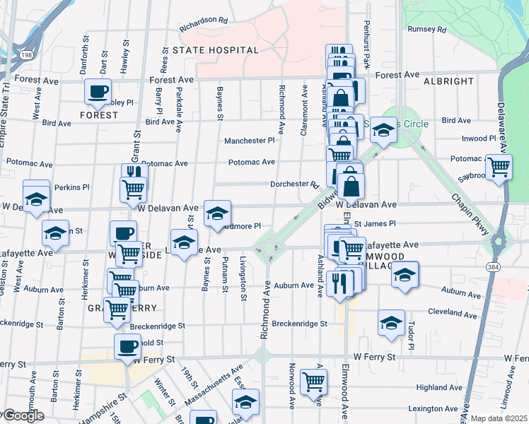 map of restaurants, bars, coffee shops, grocery stores, and more near 470 West Delavan Avenue in Buffalo