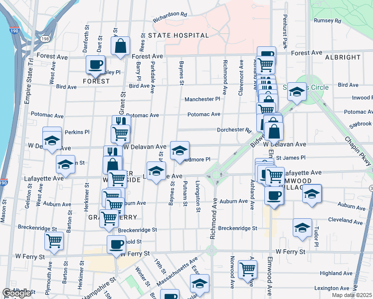 map of restaurants, bars, coffee shops, grocery stores, and more near 257 Baynes Street in Buffalo