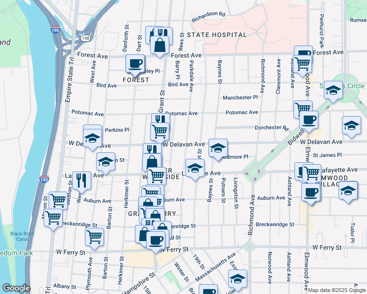 map of restaurants, bars, coffee shops, grocery stores, and more near 262 Parkdale Avenue in Buffalo