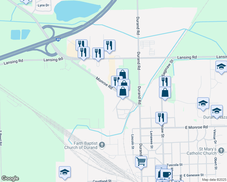 map of restaurants, bars, coffee shops, grocery stores, and more near 8701-8739 Monroe Rd in Durand
