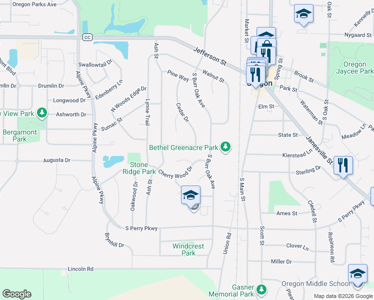 map of restaurants, bars, coffee shops, grocery stores, and more near 436 Butternut Drive in Oregon