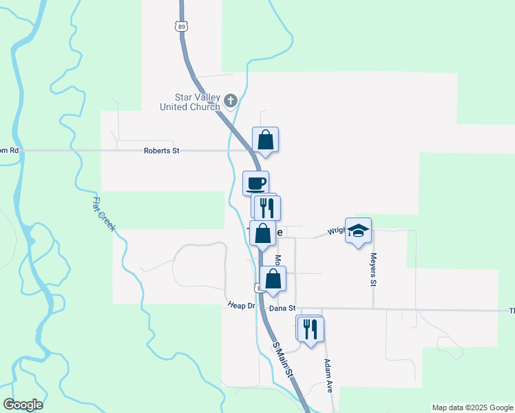 map of restaurants, bars, coffee shops, grocery stores, and more near 477 North Main Street in Thayne
