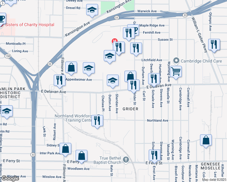 map of restaurants, bars, coffee shops, grocery stores, and more near 666 East Delavan Avenue in Buffalo
