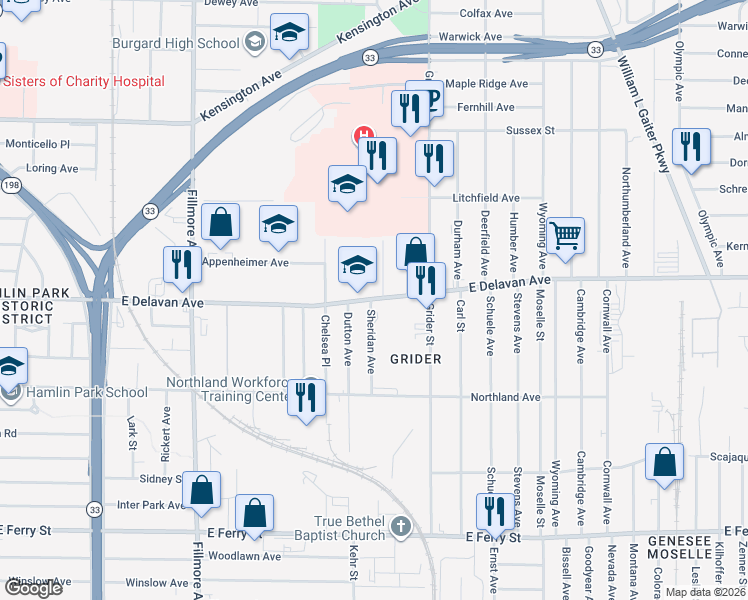 map of restaurants, bars, coffee shops, grocery stores, and more near 15 Amsterdam Avenue in Buffalo