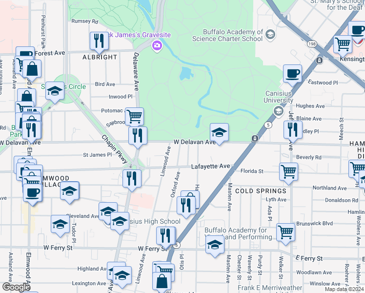 map of restaurants, bars, coffee shops, grocery stores, and more near 241 Oxford Avenue in Buffalo