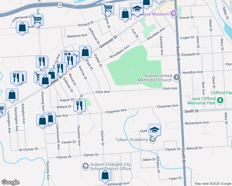 map of restaurants, bars, coffee shops, grocery stores, and more near 82 Fitch Avenue in Auburn