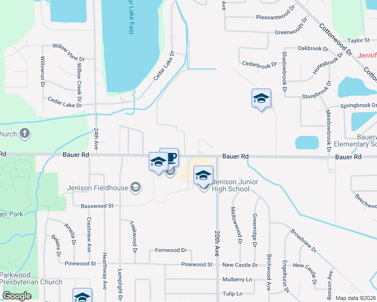 map of restaurants, bars, coffee shops, grocery stores, and more near 2107 Bauer Road in Georgetown Township