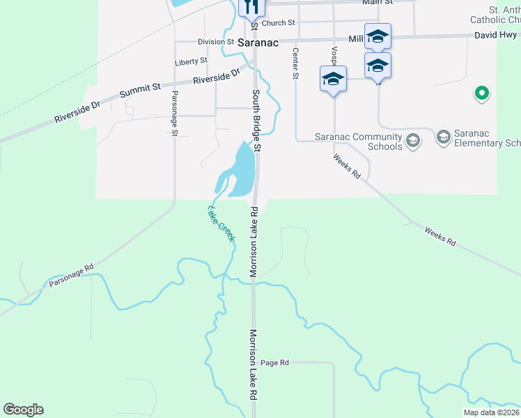 map of restaurants, bars, coffee shops, grocery stores, and more near 393 South Bridge Street in Saranac