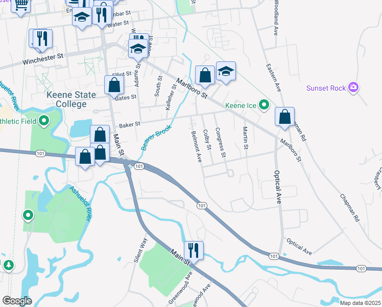 map of restaurants, bars, coffee shops, grocery stores, and more near 25 Belmont Avenue in Keene