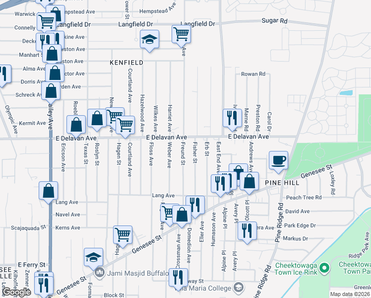 map of restaurants, bars, coffee shops, grocery stores, and more near 1463 East Delavan Avenue in Buffalo