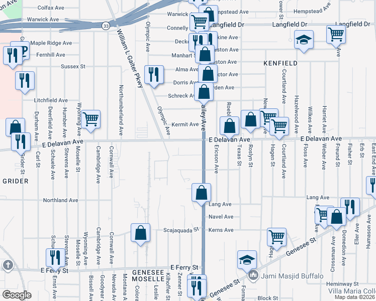 map of restaurants, bars, coffee shops, grocery stores, and more near 1145 East Delavan Avenue in Buffalo