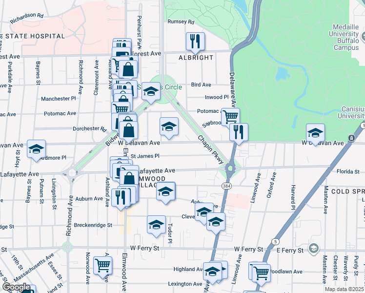 map of restaurants, bars, coffee shops, grocery stores, and more near 750 West Delavan Avenue in Buffalo