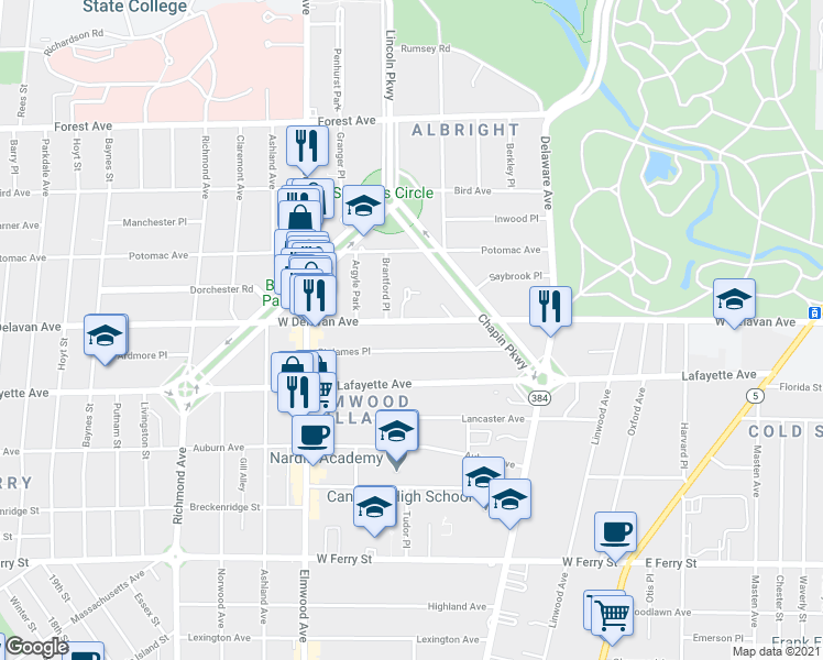 map of restaurants, bars, coffee shops, grocery stores, and more near 716 West Delavan Avenue in Buffalo