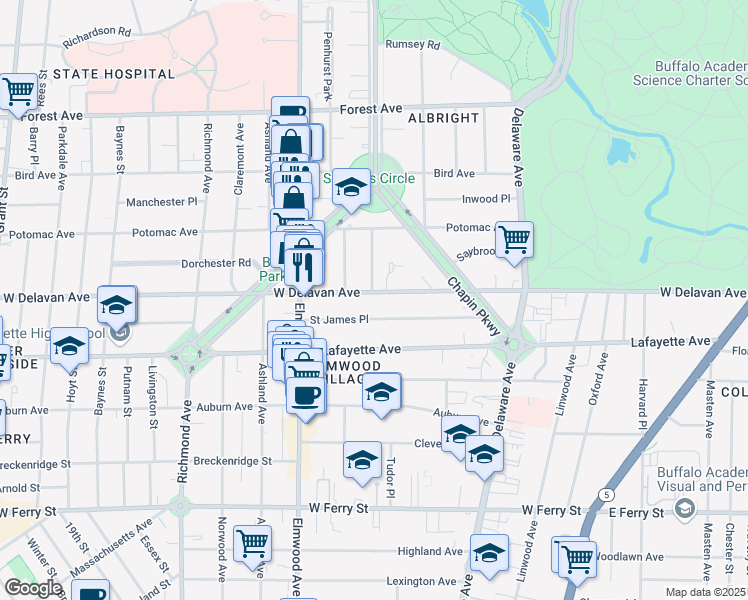 map of restaurants, bars, coffee shops, grocery stores, and more near 660 West Delavan Avenue in Buffalo