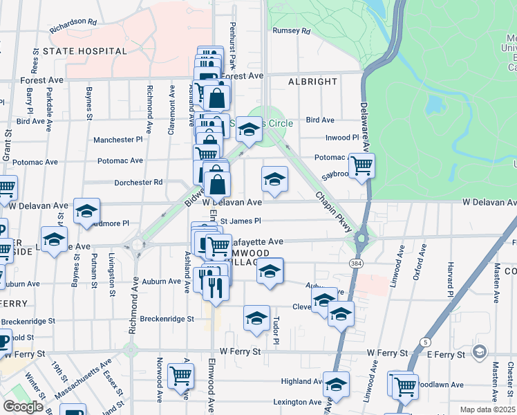 map of restaurants, bars, coffee shops, grocery stores, and more near 660 West Delavan Avenue in Buffalo