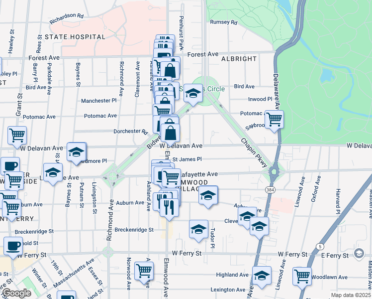 map of restaurants, bars, coffee shops, grocery stores, and more near 624 West Delavan Avenue in Buffalo