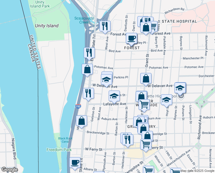 map of restaurants, bars, coffee shops, grocery stores, and more near 202 Dewitt Street in Buffalo