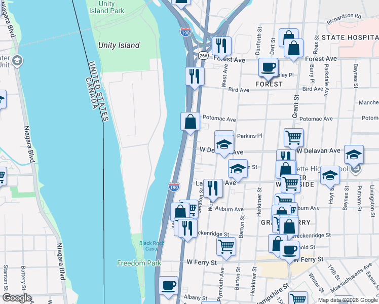 map of restaurants, bars, coffee shops, grocery stores, and more near in Buffalo