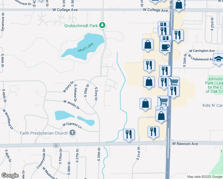 map of restaurants, bars, coffee shops, grocery stores, and more near 6818 South 34th Street in Franklin