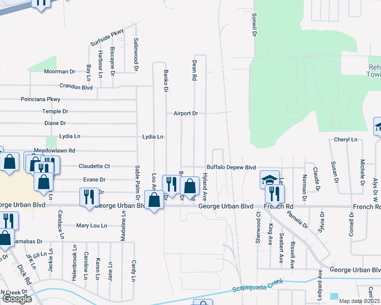 map of restaurants, bars, coffee shops, grocery stores, and more near 116 Dean Road in Depew