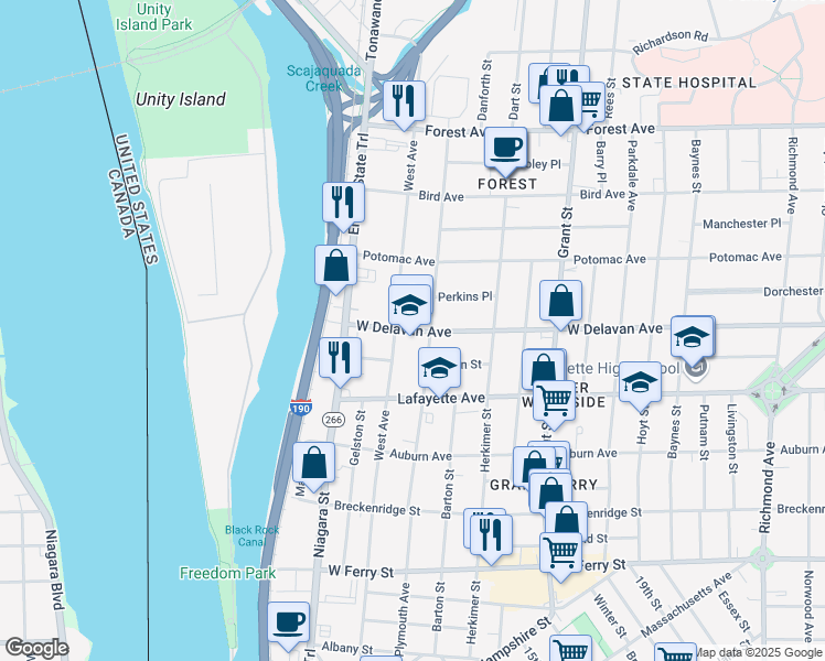 map of restaurants, bars, coffee shops, grocery stores, and more near 97 West Delavan Avenue in Buffalo