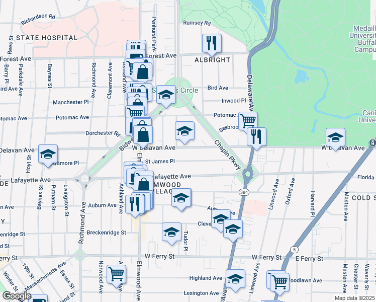 map of restaurants, bars, coffee shops, grocery stores, and more near 711 West Delavan Avenue in Buffalo