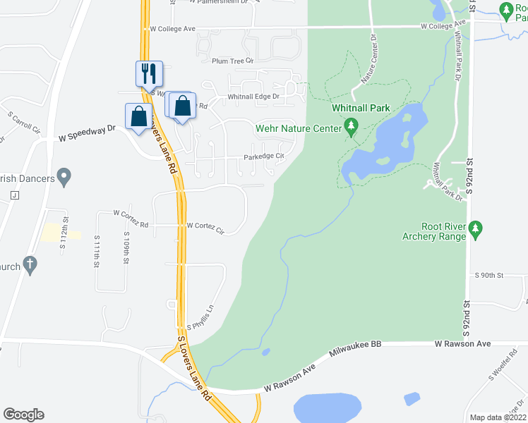 map of restaurants, bars, coffee shops, grocery stores, and more near 10548 West Cortez Circle in Franklin
