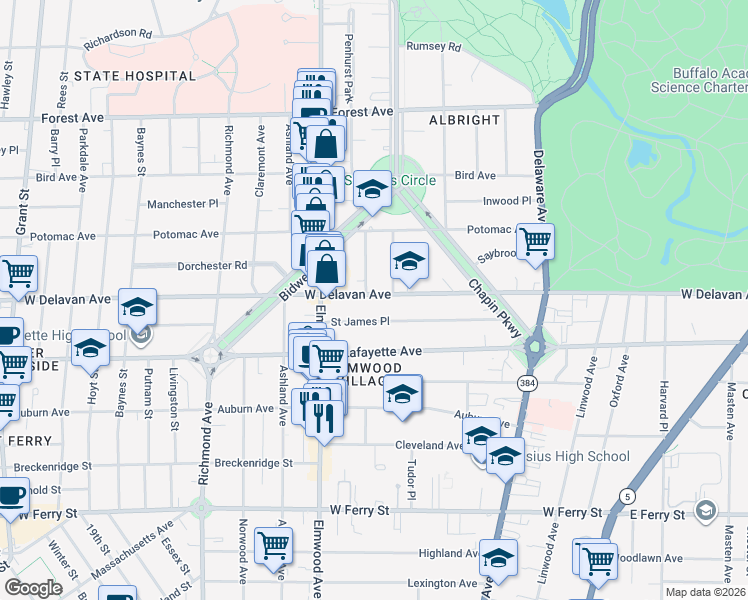 map of restaurants, bars, coffee shops, grocery stores, and more near 665 West Delavan Avenue in Buffalo