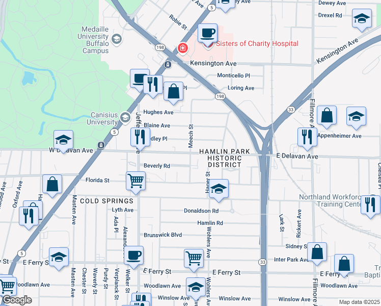 map of restaurants, bars, coffee shops, grocery stores, and more near East Delavan Avenue & Meech Avenue in Buffalo