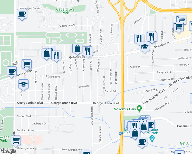 map of restaurants, bars, coffee shops, grocery stores, and more near 108 Wheaton Drive in Buffalo