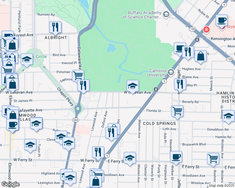 map of restaurants, bars, coffee shops, grocery stores, and more near in Buffalo